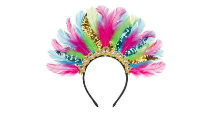 Carnival headband with feathers and sequins, centered on white background, festive mockup