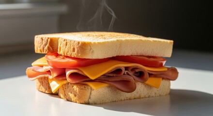Hot ham and cheese sandwich with fresh tomato slices on toasted bread