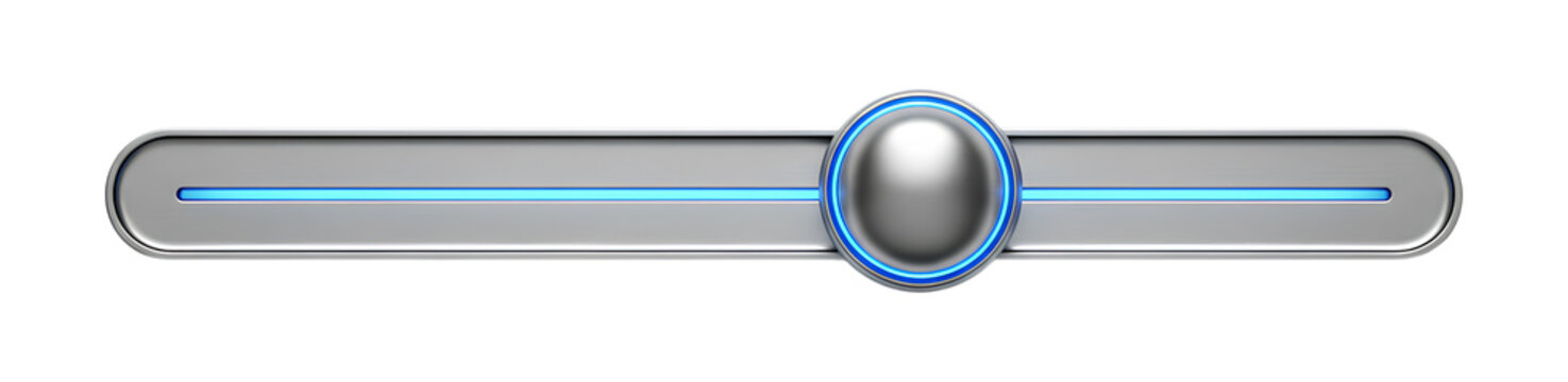 Horizontal slider control with metallic track and glowing blue value line, circular knob centered, modern user interface element for adjusting settings in digital design, audio, brightness. PNG