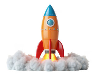 Whimsical cartoon rocket ship with blue tip and orange body blasting off with smoke