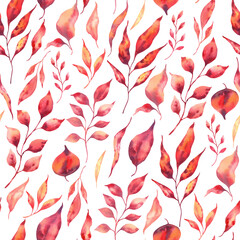 Bright autumn leaves and branches in warm colors. Seamless pattern. Hand-painted watercolor illustration. Isolated on a white background. For decoration, textile, prints, packaging, wallpaper.
