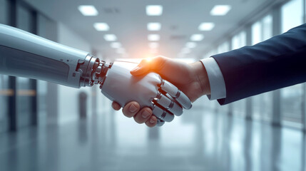 The Future of AI in Business. robotic hand is gently shaking a human hand in a handshake. The robotic hand is sleek and futuristic, while the human hand is a standard, professional one. 