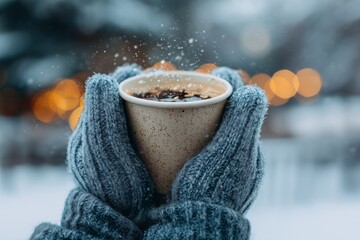 Warm beverage in cozy hands amidst winter snow and glistening lights creates a serene atmosphere during a chilly day