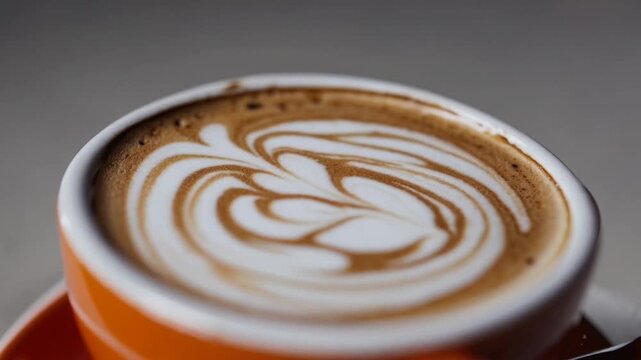 Hot Beverage Served as Flat White Coffee in Vibrant Orange-Tinted Glass Cup and Matching Saucer