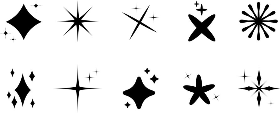 Star sparkle shapes, sparkles stars icons set, shine effect blink twinkle, sunburst sun beam firework glowing lens flare curve glass lens, spotlight explosion vortex ray isolated on white retro decor 