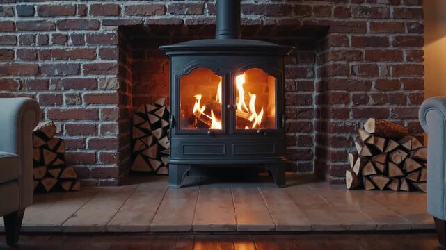 front view of fireplace equipped with wood-burning heating appliance