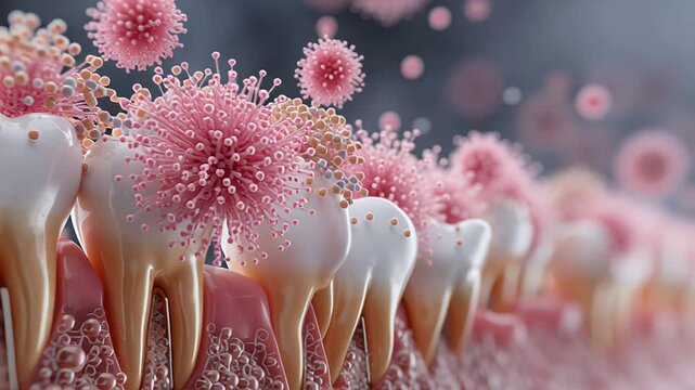 Closeup 3D illustration of bacteria and plaque on teeth and gums, highlighting dental health issues and hygiene concepts with vivid colors and detail.