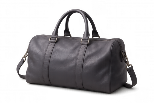 Studio shot of a gray leather travel bag with handles and shoulder strap, isolated on transparent background