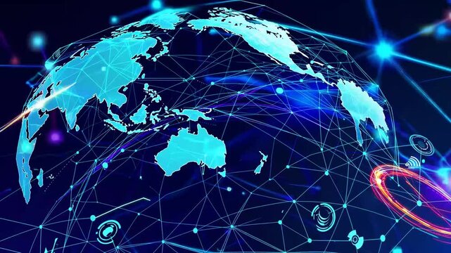 high-definition visual representation of world map intertwined with technological elements and data visualizations