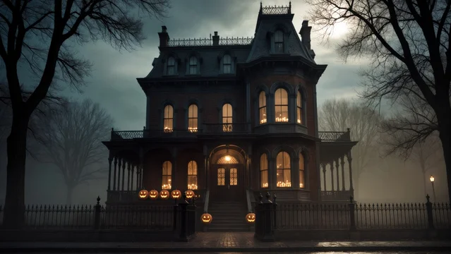 Creepy Victorian home surrounded by mist and shadows