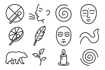 Shamanic Ritual Icons. Line style icons of shamanistic and trance rituals: spirit drum, breathwork icon, energy flow swirl,