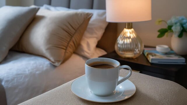 Bedside table with coffee cup book and lamp for lifestyle decor