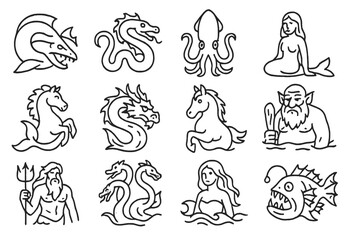 Legendary Sea Monsters Icons. Line style icons of legendary sea monsters: leviathan, sea serpent, giant squid, selkie, hippocampus