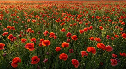 Obraz premium A serene landscape of a sunny field filled with countless red poppy flowers glowing in the warm light of a summer sunset
