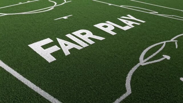 Football pitch displaying the term Fair Play soccer turf field with the phrase FAIR PLAY written on it. 3D Render.