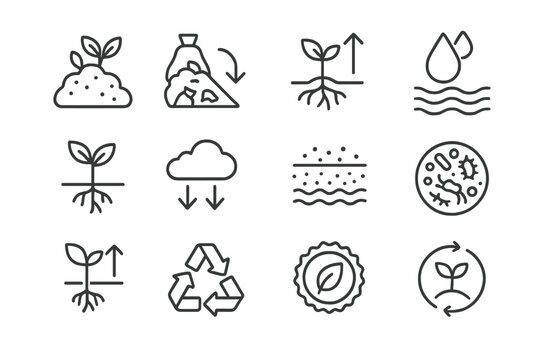 Composting Benefits Icons. Line style icons of composting benefits: nutrient-rich soil icon, landfill waste reduction, plant
