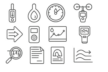 Cave Climate Tools Icons. Line style icons of cave climate tools: temperature logger, hygrometer tool, dew point gauge, anemometer