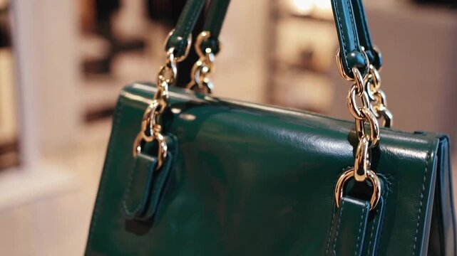 Angled perspective of verdant leather woman's handbag featuring metallic link strap