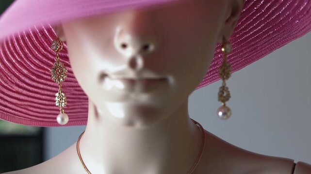Female display model in rose beach headwear closeup