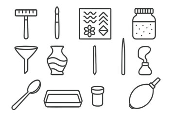 Sand Art Tools Icons. Line style icons of sand art tools: sand drawing rake, fine detail brush, pattern stencil sheet, colored