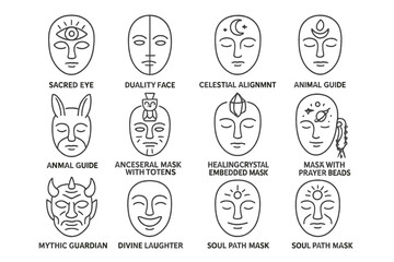 Spiritual Masks Icons. Line style icons of spiritual masks and symbols: sacred eye mask, duality face mask, celestial alignment