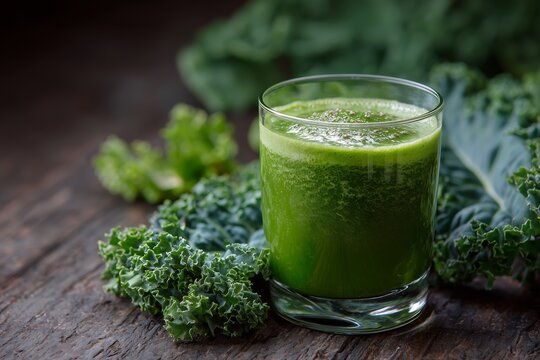 Fresh green juice made from kale and other leafy vegetables on a rustic wooden table in a cozy kitchen setting