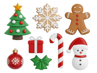Festive christmas icons assortment including tree gingerbread man snowflake candy cane snowman