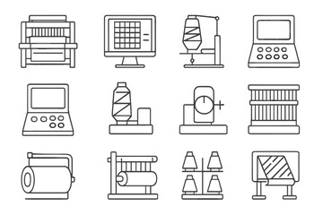 Weaving Technology Icons. Line style icons of modern textile weaving: power loom icon, CAD weaving pattern, textile printer,
