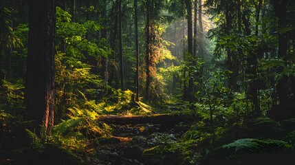 Obraz premium Sunlight filters through a dense forest, illuminating mossy ground and towering trees.