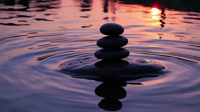 Balanced stones placed on tranquil water at day's end, symbolizing spa-like serenity and balance