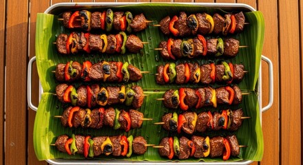 Grilled beef and vegetable skewers on banana leaf platter