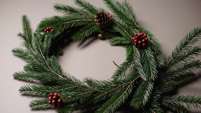 circular decoration made from natural evergreen branches arranged in flat lay style with copy space