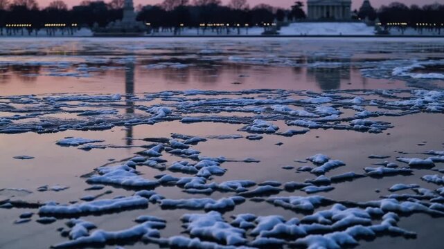 The winter season in Washington DC Winter evening twilight over the National Mall with the Potomac River frozen over, Washington DC