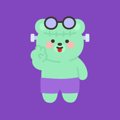 Frankenstein Teddy Bear with Glasses Making Peace Hand Gesture