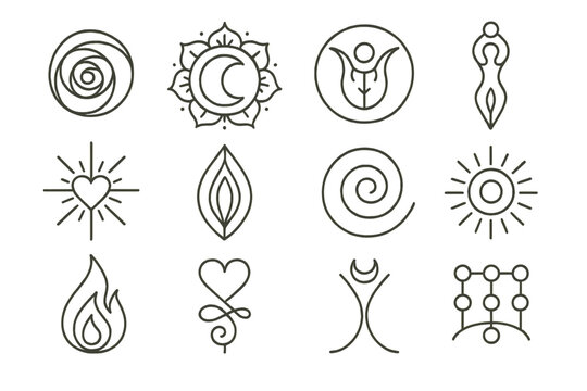 Feminine Sacred Geometry Icons. Line style icons of feminine sacred geometry: rose spiral, moon mandala, womb circle icon, goddess