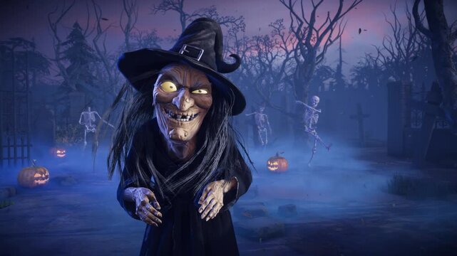 Funny Witch and Dancing Skeletons in Haunted Graveyard &ndash; Halloween 3D Animation