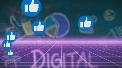 Neon grid launching thumbs-up icons, growing then dispersing, showing digital marketing engagement - Powered by Adobe