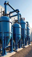 Obraz premium Urban communication systems shown with water filtration system and blue industrial tanks under cloudless sky.