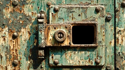 Close-up of a rusty metal door latch with peeling paint, bolts, and a rectangular hatch opening, showing rugged industrial texture and corrosion.
