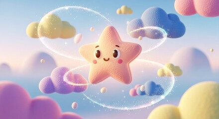 A cheerful star, adorned with whimsical features, floats amidst a soft, pastel-hued cloud landscape, enveloped by ethereal light trails, creating a dreamy and imaginative scene.