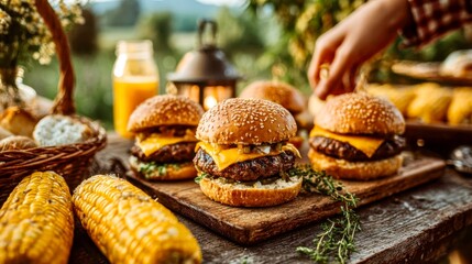 Enjoying a summer barbecue with grilled burgers and fresh corn in a beautiful outdoor setting with friends and family while savoring delicious flavors