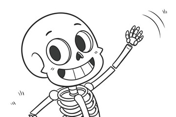  black and white cartoon illustration of a smiling skeleton waving enthusiastically