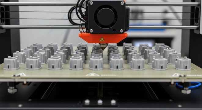 A 3d printer producing multiple gray plastic objects on its print bed. Additive manufacturing for rapid prototyping and industrial production.