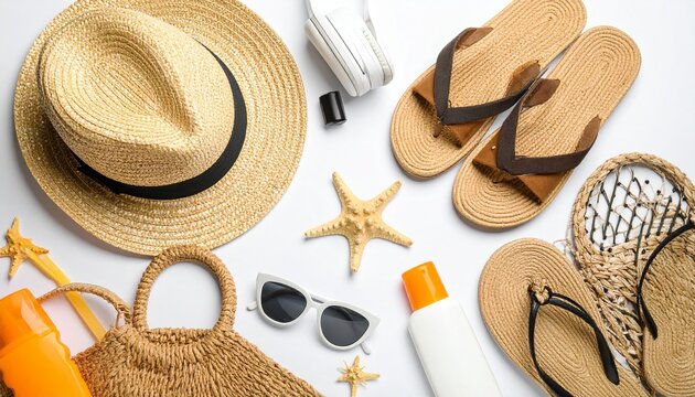 Flat lay of beach essentials including straw hat, flip-flops, headphones, sunglasses, sunscreen, starfish, and bags on white background. - Powered by Adobe