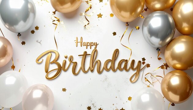 Rose gold “HAPPY BIRTHDAY” balloon letters surrounded by white, gold, silver, and confetti-filled balloons on a white background with scattered gold confetti.