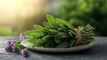 Fresh sage and lavender arrangement photo on a ceramic plate against a softly blurred background