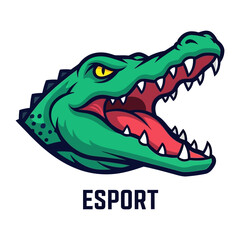 Alligator Mascot: A ferocious yet captivating alligator mascot, its vibrant green skin and wide-open mouth revealing rows of sharp teeth, emblazoned with the bold word ESPORT underneath.