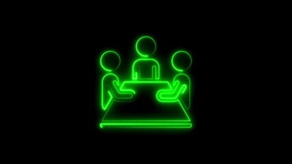 Glowing green neon meeting icon illustrating group collaboration and teamwork on black background