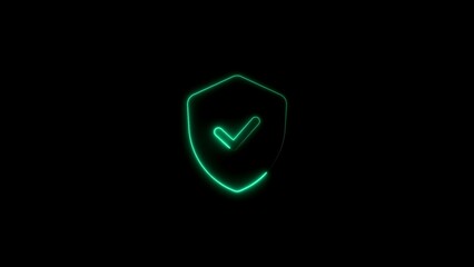 Glowing neon shield icon with checkmark illustrating security and protection against cyber threats © MOMOTAJ