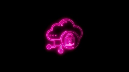 Glowing neon cloud computing icon displaying data security and privacy on a black background